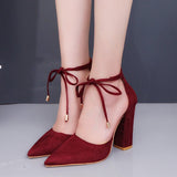 Amozae- spring and summer new pointed fashion large size suede high heel lace-up women's sandals thick heel Baotou single shoes