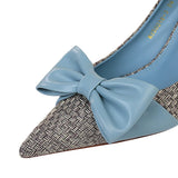 2023 Luxury Women Weave 7.5cm Thin High Heels Pumps Butterfly Knot Low Kitten Heels Valentine Cute Blue Wedding Red Bride Shoes