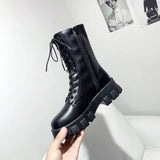 Amozae Spring Women White Boots Autumn Fashion Black Leather Platform Gothic Boots Punk Combat Mid-Calf Boots for Women