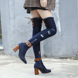 Women Chunky Suede Long Boots Block 8cm High Heels Fetish Jeans Over The Knee Thigh High Boots Stripper Winter   Shoes