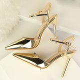 Amozae-Women 10.5cm High Heels Gold Sandals Lady Shiny Leather Stripper Strap Sandles Female Wedding Bridal Prom   Fetish Red Shoes