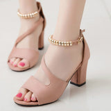 Amozae- spring summer   fish mouth hollow Roman sandals thick with word with beaded high heels female summer   female sandals