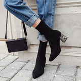 Women Knitting Elastic Ankle Boots Autumn Square Middle Heels Female Pointed Toe Short Sock Boot Ladies Casual Fashion Shoes