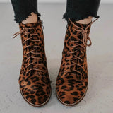 Back to College New Women Shoes Spring Autumn Fashion Low Tube Boots Leopard Print Bandage Plus Size Shoes Ladies Shoes Coarse Heels