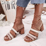 Amozae-Back to College Women Summer High Heels Sandals Shoes Woman Open Toe Cross-tied Lace Up Sandals Roman Ladies Shoes