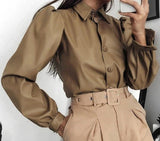 Amozae Turn-Down Collar Casual Streetwear Woman Fashion Button Brown Leather Blouse Shirt Puff Long Sleeve Tops And Blouse 1117