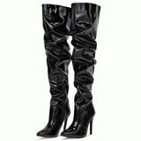 Christmas Gift Amozae New Shoes Mature Black Women Over The Knee Boots Pleated Pu Patent Leather Thin High Heels Female Thigh Boots
