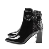 Women Autumn   Patent Leather Zip Bowtie Ankle Boots Snake Skin Pointed Toe Woman High Heels Female Mixed Color Shoes