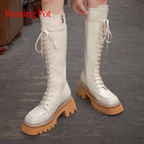 Back to College krazing pot cow leather square toe high heels platform Motorcycle boots punk style cross-tied young lady thigh high boots L28