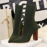 2021 Women Stretch Chunky Boots Block 9.5cm High Heels Fetish Green Ankle Boots Stripper Block Heels Silk Satin Spring Shoes