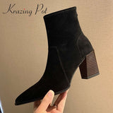 Amozae-Krazing Pot 2024 new cow suede pointed toe high heel Chelsea boots solid concise style beauty lady streetwear ankle boots L57