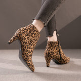 Women Leopard Zip Spike High Heels Pointed Toe Ankle Boots Ladies Flock Fashion Short Boots Female Short Plush Casual Shoes B037