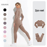 Amozae Women's Sportswear Yoga Set Workout Clothes Athletic Wear Sports Gym Legging Seamless Fitness Bra Crop Top Long Sleeve Yoga Suit