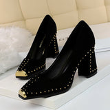 Women Studded 7.5cm High Heels Lady Scarpins Flock Chunky Rivets Block Low Heels   Square Toe Office Blue Yellow Shoes