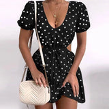 Amozae--hoco dresses Back to college Fashion   Summer   Puff Sleeve Backless Mini Dress Polka Dot Hollow Out Lace Up Vintage Party Dresses