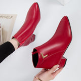 Amozae  2022 Fashion Women Boots Casual Leather Low High Heels Spring Shoes Woman Pointed Toe Rubber Ankle Boots Black Red Zapatos Mujer