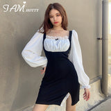 Amozae  Lace Bow Patchwork Split Dress   Vintage 90s Aesthetic Milkmaid Korean Bodycon Dress Female Kawaii Cute Clothes