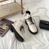 QWEEK Women Kawaii Bow White Black Martens Boots Short New Autumn Winter Platform Lace-up Mid Calf Lolita Shoes Rubber Fashion
