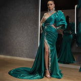 Amozae Evening Party Dress Women Elegant Beading Side Split Satin Lantern Sleeve Green Wedding Prom Gown Long Maxi Dresses 2022