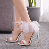 Amozae  New Woman Sweet Bow Knot Elegant Ankle Strap Party Sandals White Bridal Thin High Heels Wedding Shoes Open Toe Sandals H0090