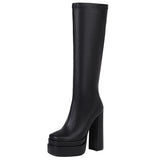 Big Size 34-43 Luxury Brand Ladies Platform Knee High Boots Fashion Zip Thick High Heels Boots Women Party OL   Shoes Woman