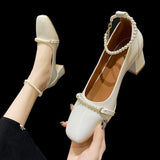 Amozae  2022  Women Wedding Shoes String Bead Ankle Strap High Heels Dress Shoes Platform Heels Bridal Shoes Pearl Pumps