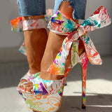 Amozae   shoes Print super thin high heels Shoes sandals women Summer Party platform ankle-wrap Woman sandals female