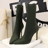 Amozae-2024 Women 10cm High Heels Silk Sock Boots Female Green Short Ankle Boots Lady Stripper Winter Pointed Toe Gothic Designer Shoes