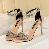 Amozae    Women 9cm High Heels Crystal Sandals Wedding Bridal Stiletto Heels Sandles Glitter Prom Elegant Stripper Satin Strap Shoes