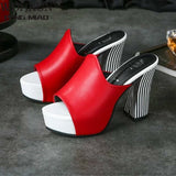 Summer   Women Elegant Red High Heel Sandals Peep Toe Platform Shoes  Zebra Chunky Heel Shoes Lady Thick Heel Fashion 34-40