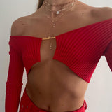 Aomzae Spring Autumn   Knitted Cropped Sweater Women Y2K Long Sleeve Crop Top V-Neck Chain Club Party Tops Green Orange Red Black