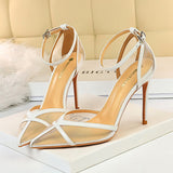 2023 Women 10cm High Heels Yellow Sandals Lady Stripper Mesh Nude Strap Sandles Wedding Bridal Luxury Prom   Pleaser Shoes