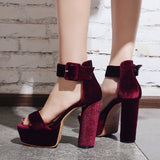 Amozae Block High Heels Velvet Sandals Women Platform Open Toe Summer Sandals For Woman Ankle Strap Elegant Red Black Party Shoes Girls