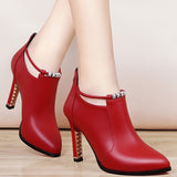 Amozae-2024new Winter Boots Women Shallow Round Toe Red Women's Boots Thin Heels Zip Ankle Boots Pu Leather Zapatos De Mujer