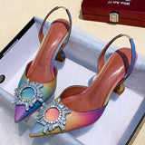 Amozae-Summer Luxury Women 8cm High Heels Silk Strap Crystal Sandals Stable Heels Sandles Lady   Glitter Slingback Blue Party Shoes