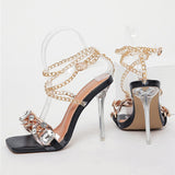 Amozae    Newest Crystal Chain Women Sandals Summer Party Wedding Shoes   Fashion Square Toe Transparent Perspex Stiletto Heels