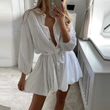 Back to College Pink dresses Elegant Ruffle Dress Women Straight Long Sleeve V-neck Dress Female Tie Button Office Ladies Mini Dress Cardigan