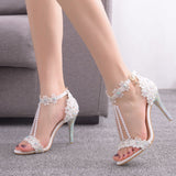 Amozae  White Thin High Heels Women Sandals Beading Ankle Strap Sandals Shoes Woman Ladies Open Toe Dress Party Wedding Shoes H0005