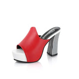 Summer   Women Elegant Red High Heel Sandals Peep Toe Platform Shoes  Zebra Chunky Heel Shoes Lady Thick Heel Fashion 34-40