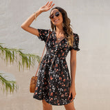 Amozae-hoco dresses   Elegant  V Neck With Button Floral Print Mini Dress Hight Waist  Ruffled Ladies Vintage Vestido Spring Summer