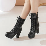 Amozae Autumn Winter Short Boots For Women High Hoof Heels Lace-Up Ankle Strap Buckles Female Ankle Boots Fashion Ruffles