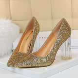 2023 Plus Size 43 Women 10cm High Heels Lady Scarpins Gold Silver Block Clear Heels Pumps Lady Wedding Transparent Chunky Shoes