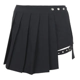Amozae Gothic Harajuku Pleated Skirts Women With Leg Ring Black High Waist Short Skirt Summer Punk Casual Mini Skirt Ladies