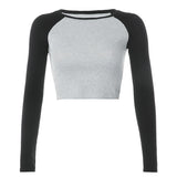 Amozae Casual Patchwork Long Sleeve Crop Top T Shirt Fashion Basic Cotton Tshirt Women Fashion Slim Korean Tee Shirt Femme
