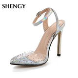 Back to College SHY Fashion Rhinestone PVC Transparent Shoes Stilettos High Heels Sandals Women Pointed Toe Party Silver Party Wedding Shoes