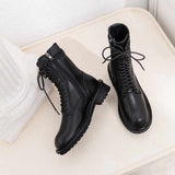 Amozae-krazing pot Internet popular leisure lace up cow leather boots round toe med heels keep warm women side zip mid-calf boots L89