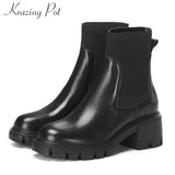 krazing pot slip on Chelsea boots genuine leather round toe high heels solid daily wear women winter keep warm ankle boots L18