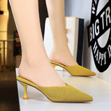Amozae  New Style Summer Mesh Slides Women 6cm Low High Heels Hollow Mules Shales Casual Yellow Kitten Heels Slippers   Shoes