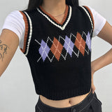 Sweetown Argyle Plaid Knitted Y2K Sweater Vest Sweety Girls' Cute Kawaii Clothes V Neck Cropped Jumpers Female Pullover Knitwear