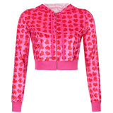 Amozae Velvet Heart Print Cropped Top Bomber Jacket Women Autumn Cute Pink Long Sleeve Coats Zipper Winter 90S Overcoat